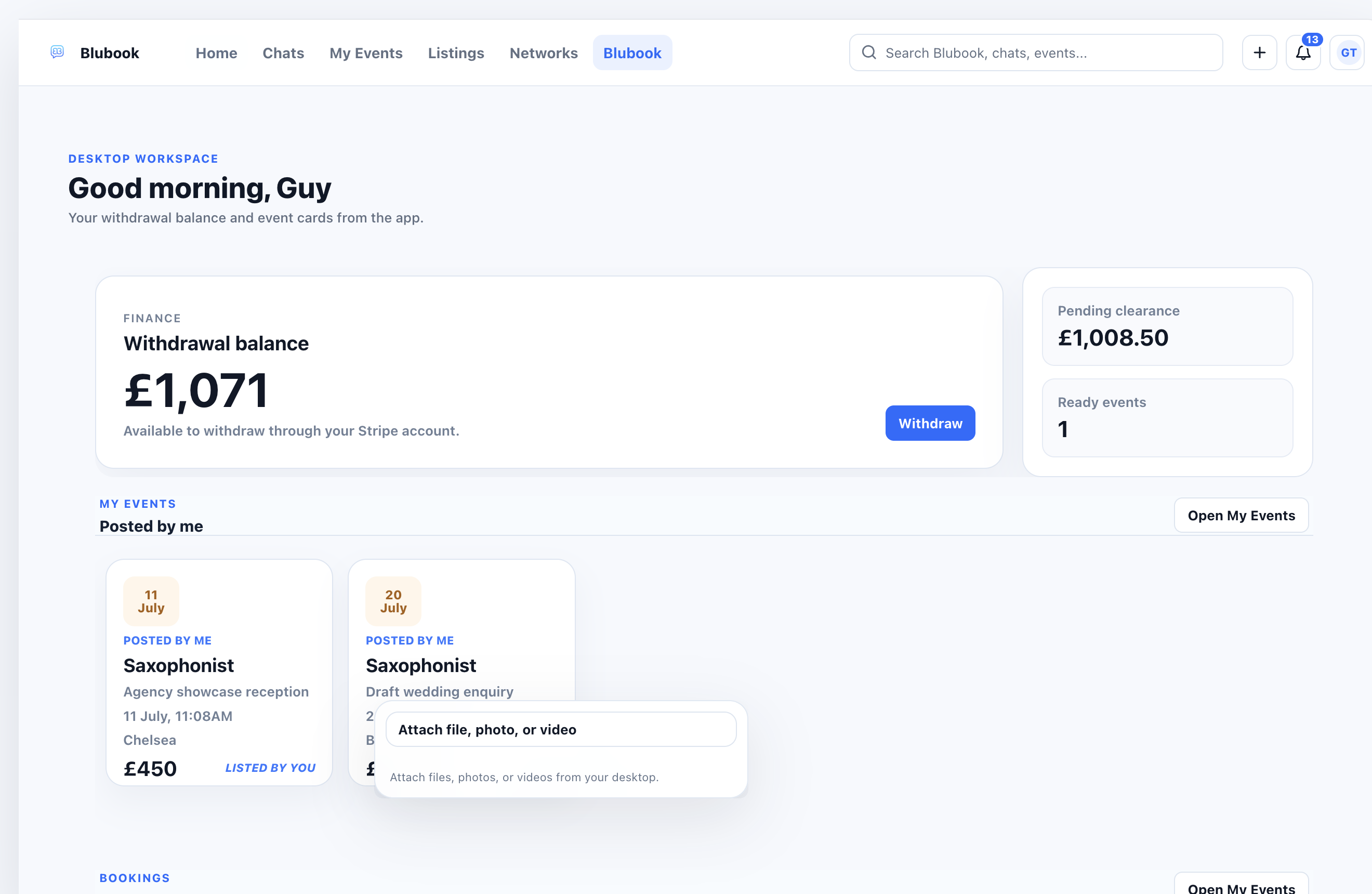 Blubook desktop home showing withdrawal balance, events and bookings