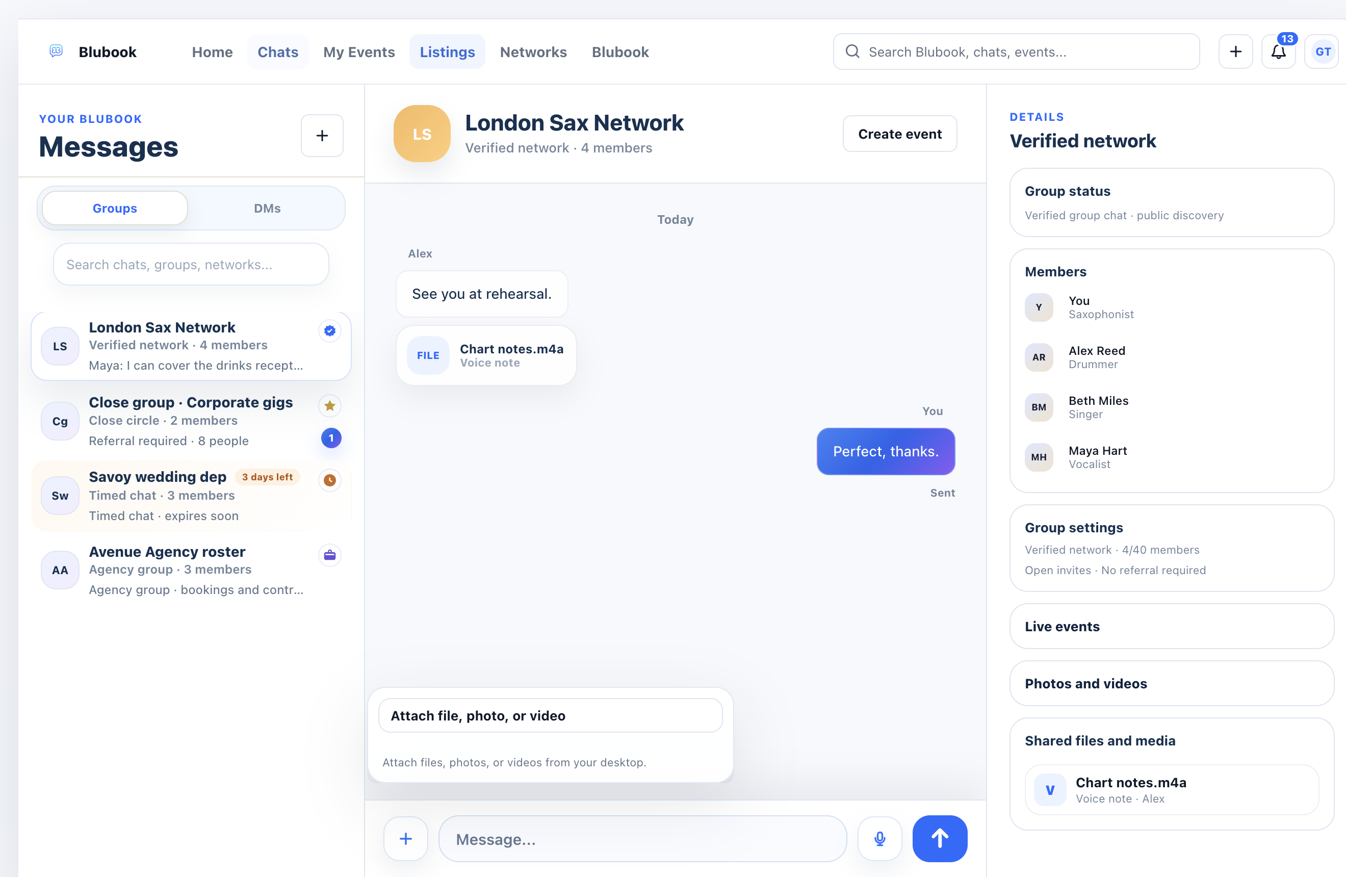Blubook desktop messages with group list, conversation and group details