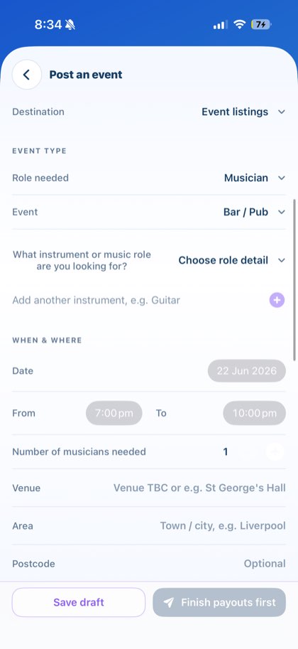 Create an event form: enter the role, date, location and fee