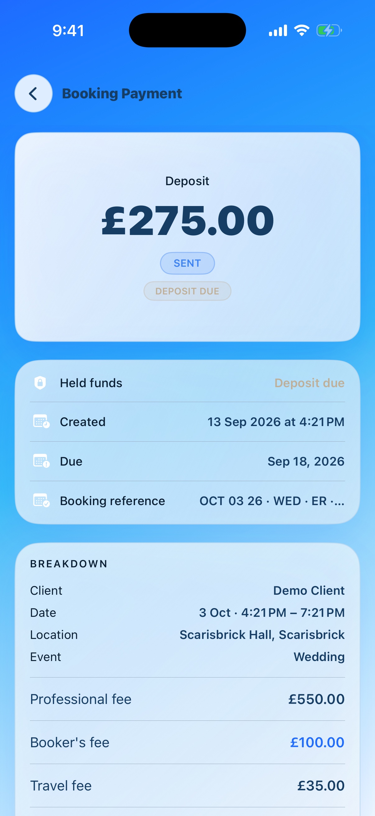 Booking payment screen showing the deposit, held funds and fee breakdown