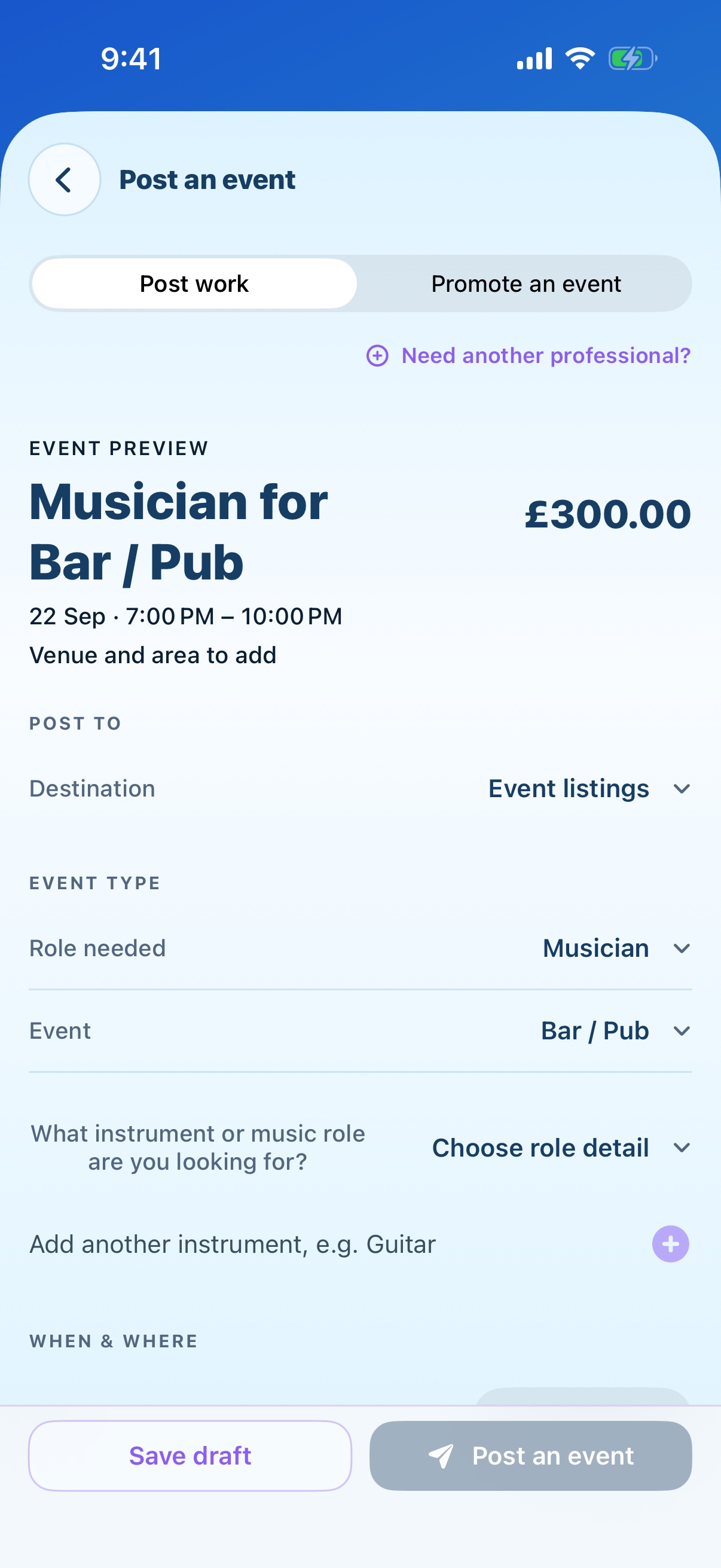 Post an event form with destination, role, event type, date, location and fee