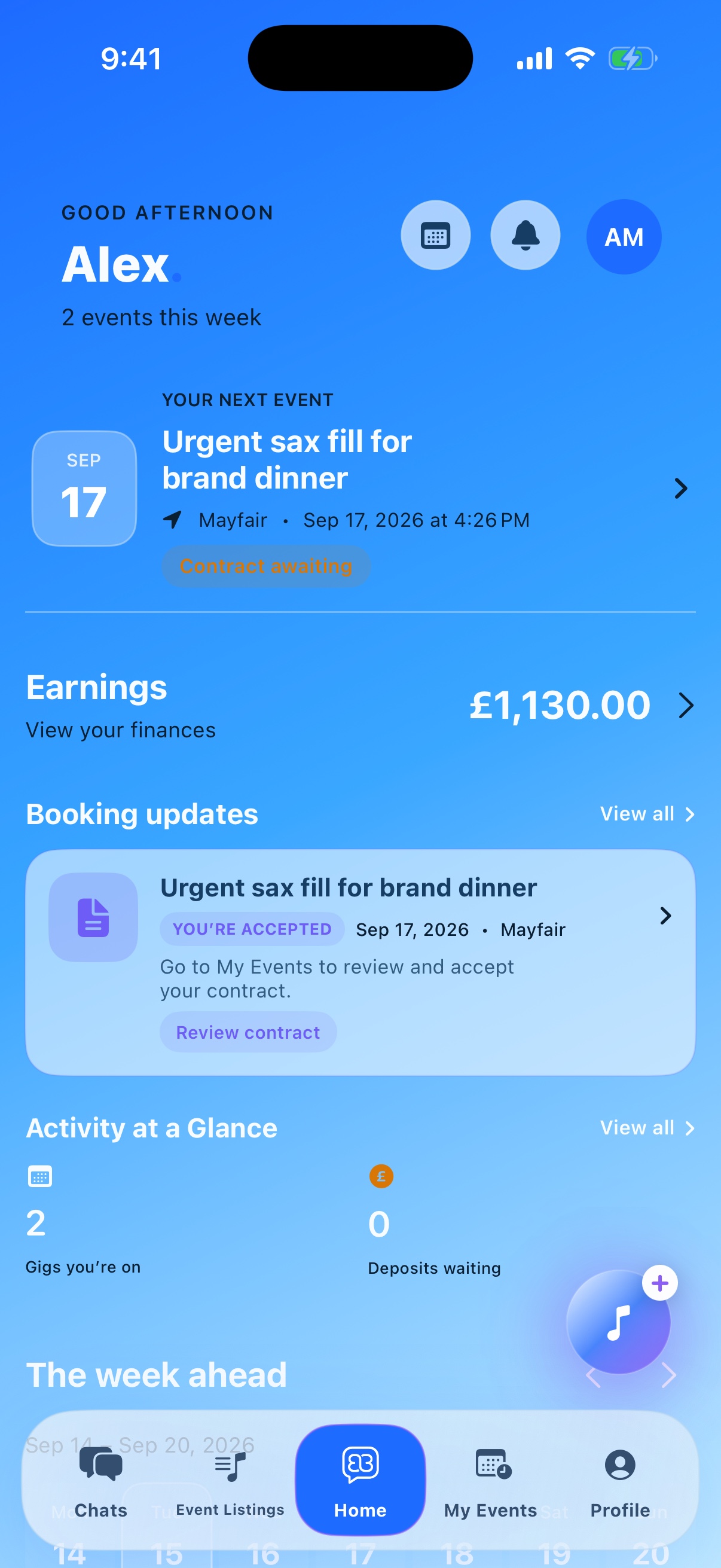 The current Blubook Beta home screen with the next event, earnings and booking updates