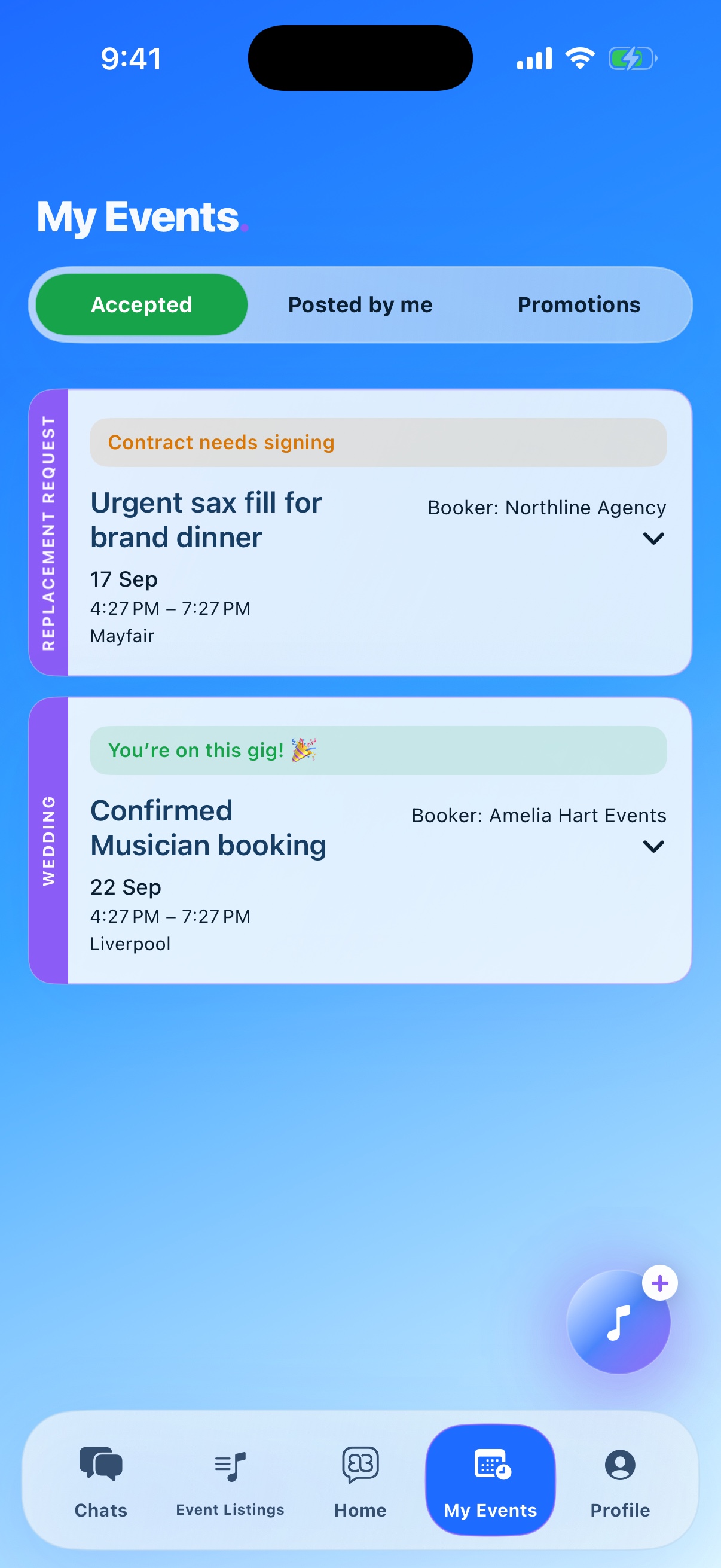 My Events · Accepted bookings and contract status in the current Blubook Beta