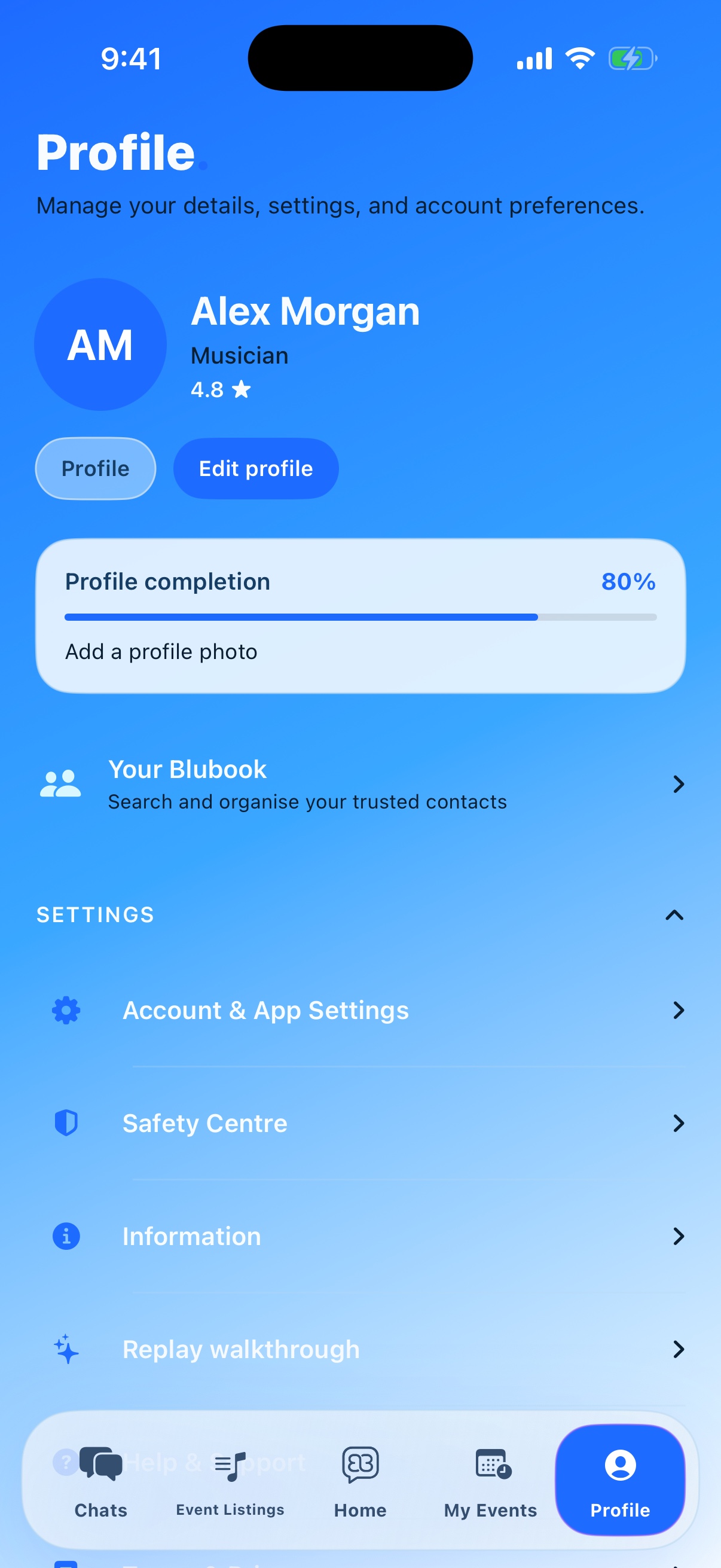 Profile · Account, trusted contacts, safety and settings in the current Blubook Beta