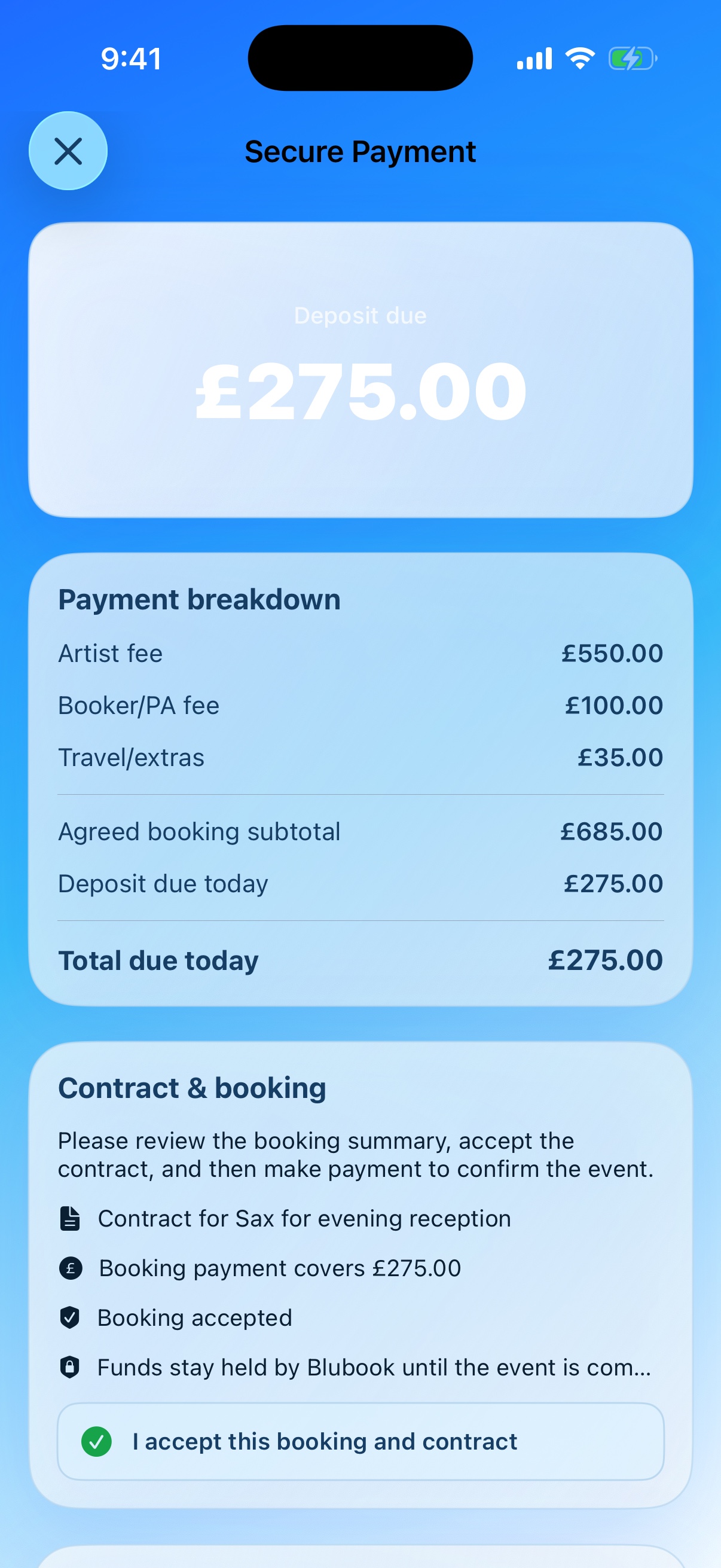 Secure payment screen with the booking breakdown and agreement confirmation