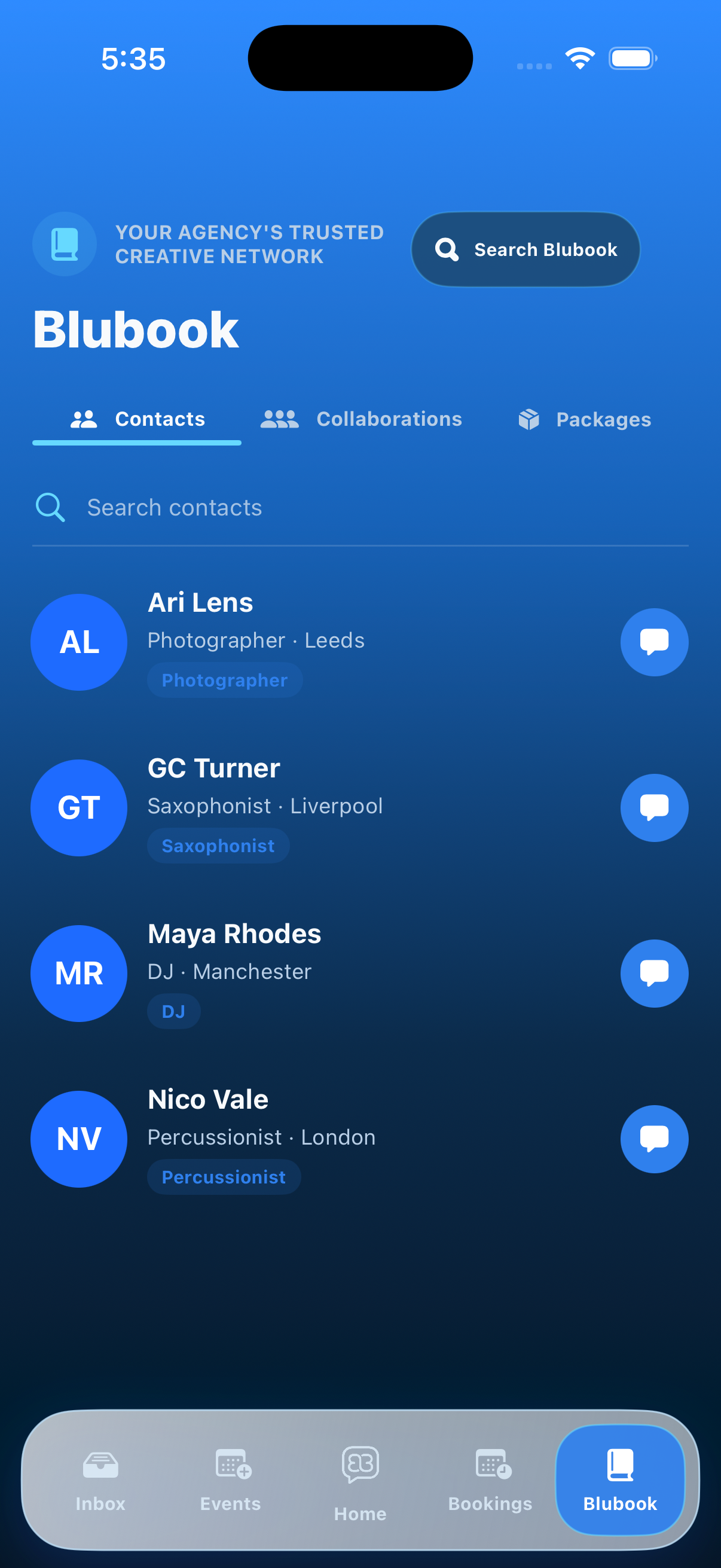 Blubook agency contact list showing saved creatives