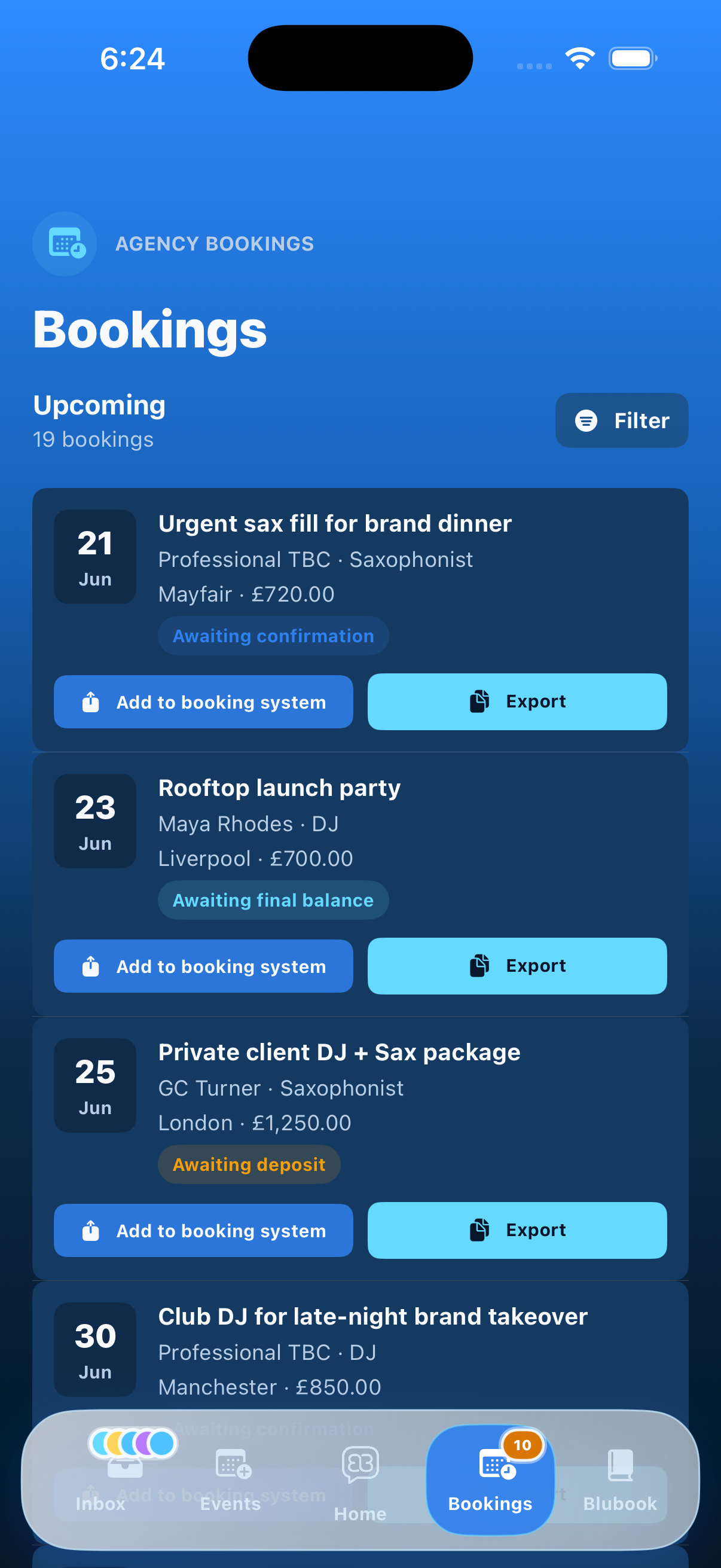 Blubook agency bookings and payments screen