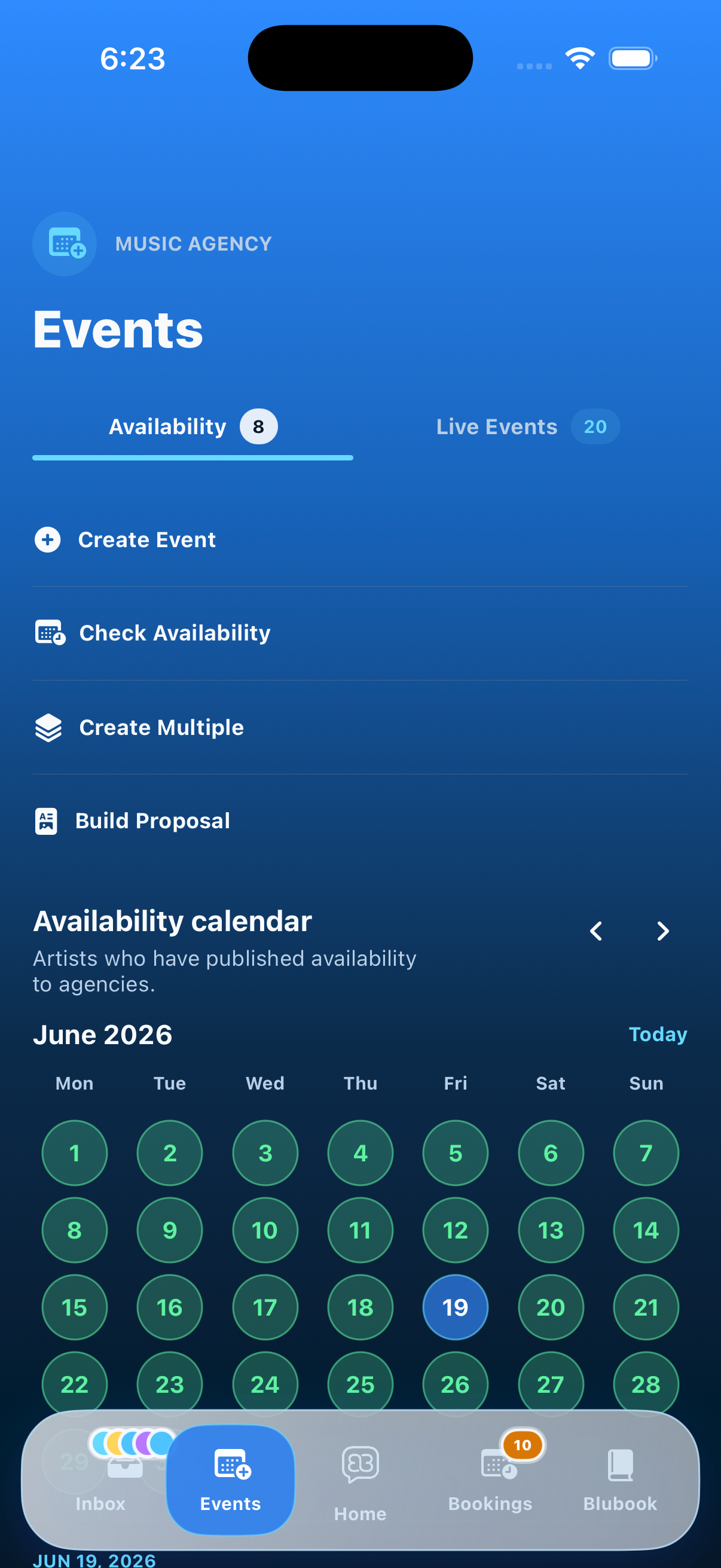 Blubook agency events screen with active opportunities