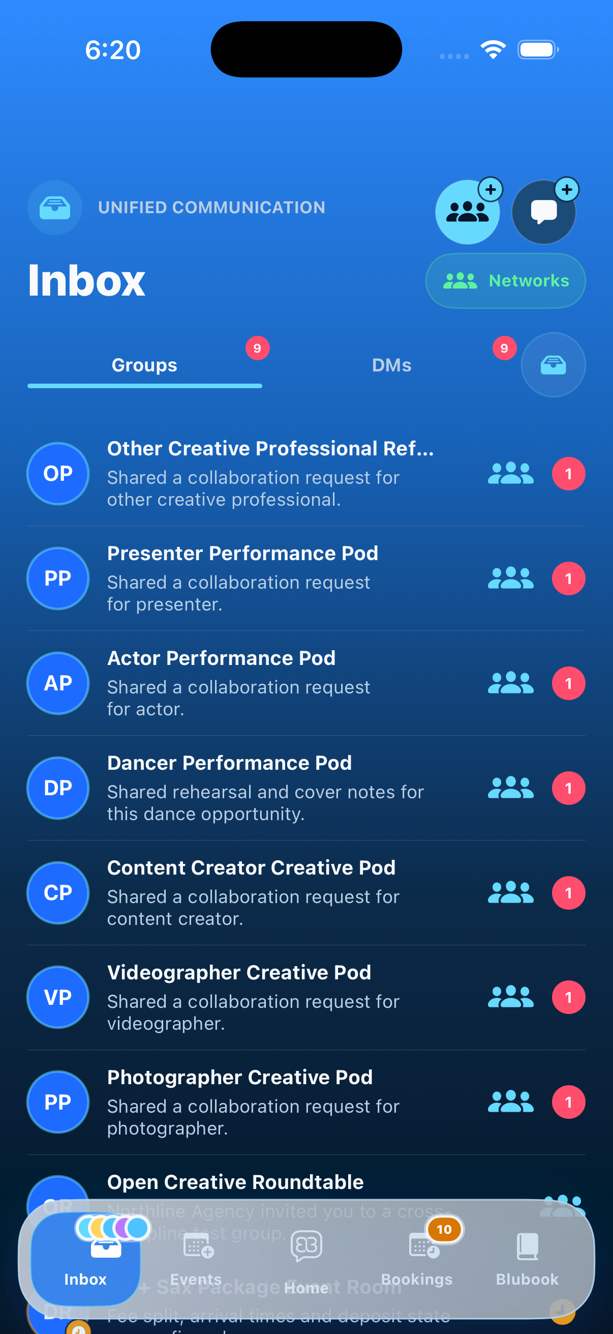 Blubook agency inbox showing DMs and agency groups