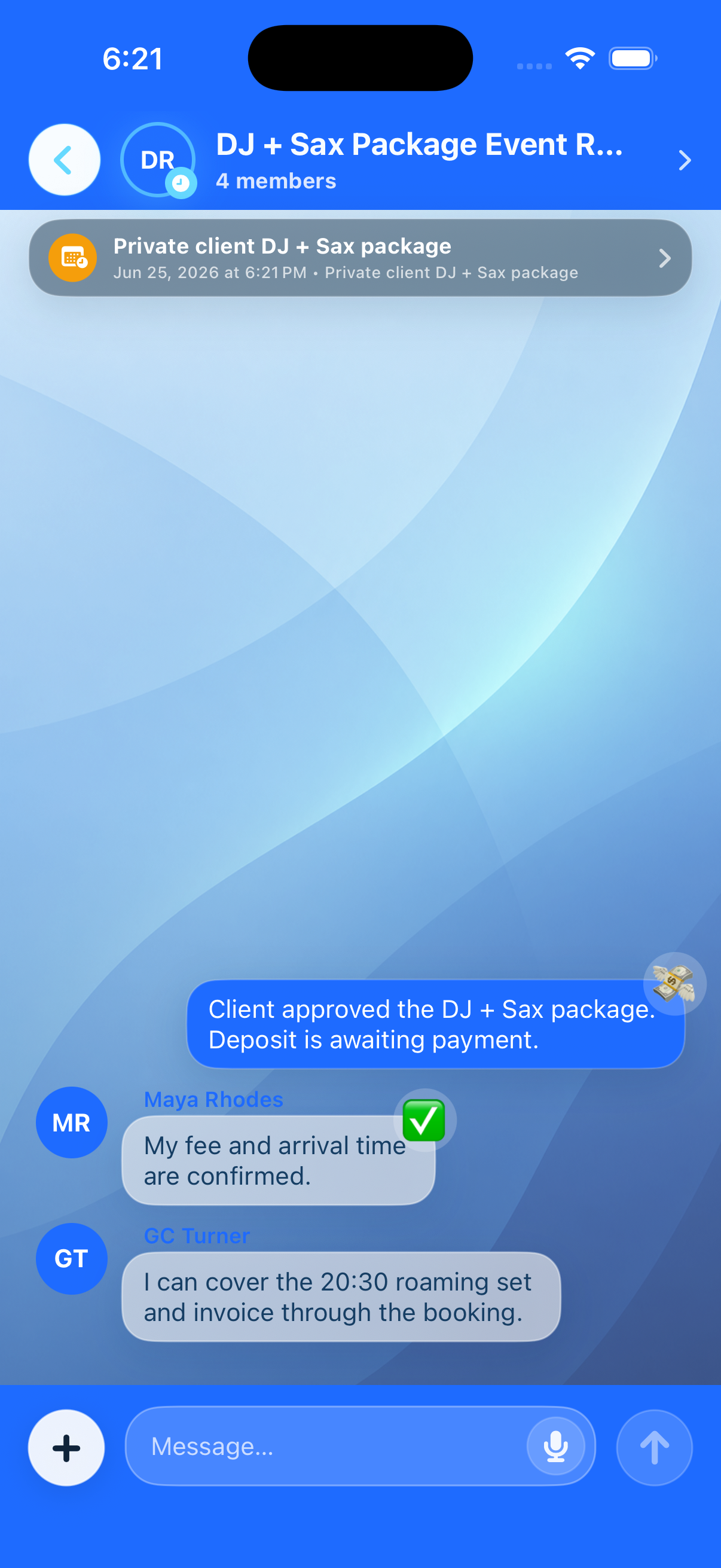 Blubook agency event chat with booking details