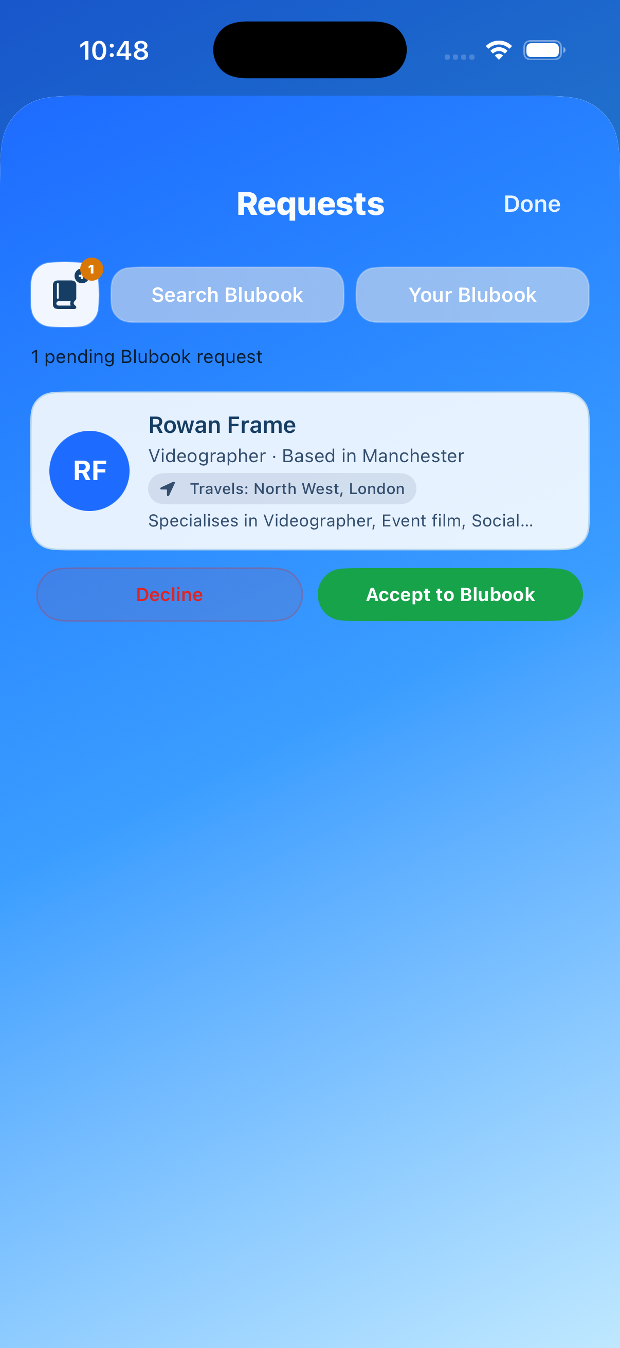 Artist-side Blubook requests screen showing Search Blubook, Your Blubook and Accept to Blubook
