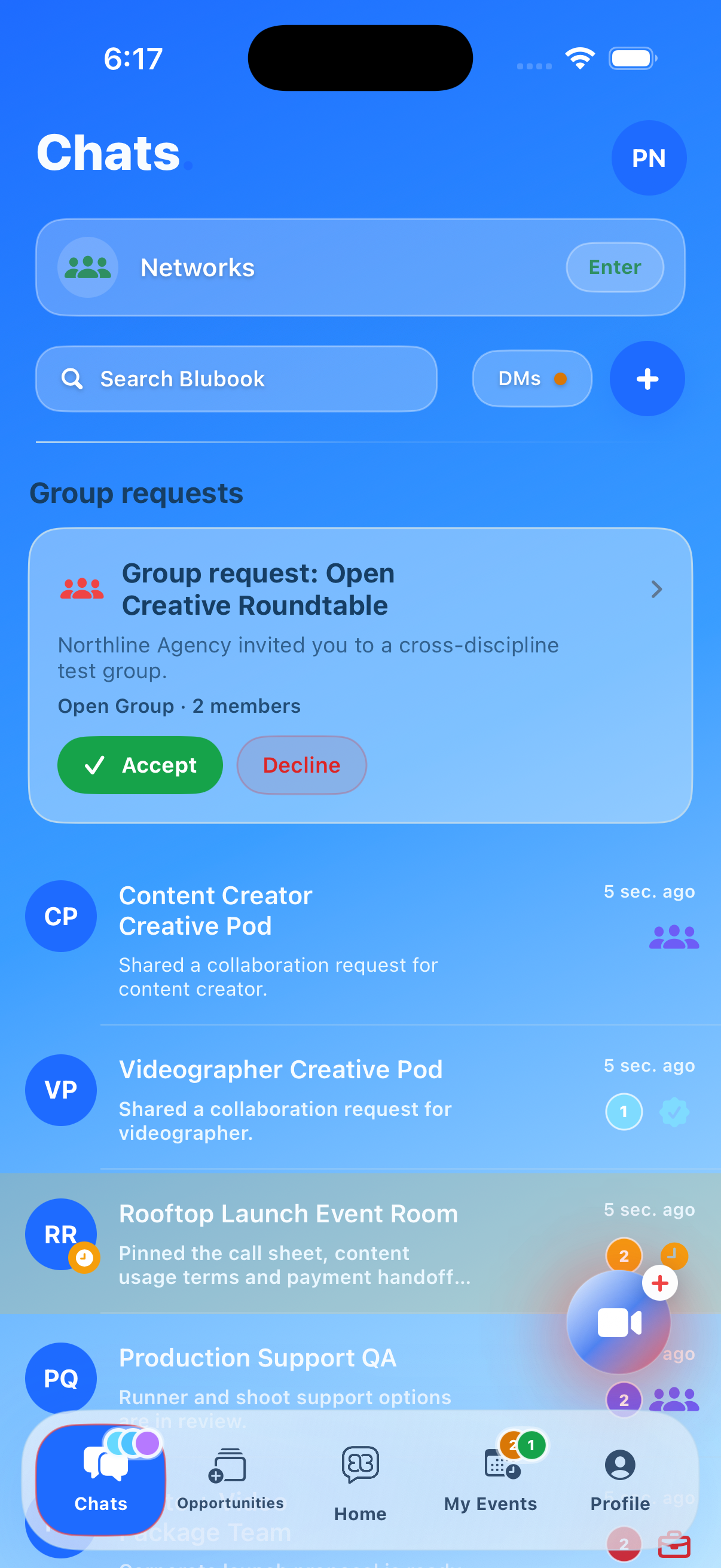 Blubook chats tab showing group requests, DMs and group chats