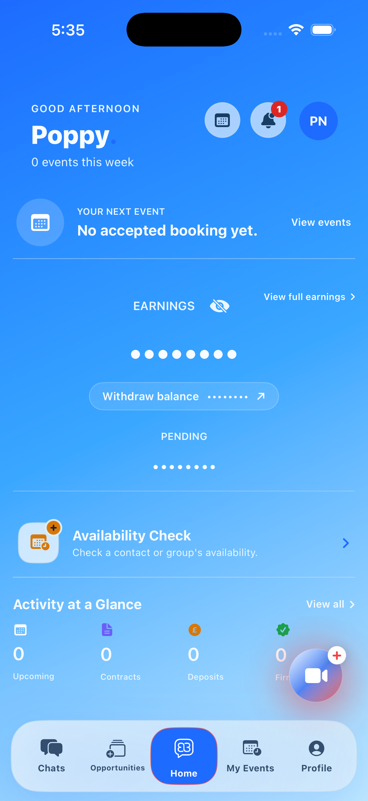 Blubook artist home screen in the default blue colour scheme