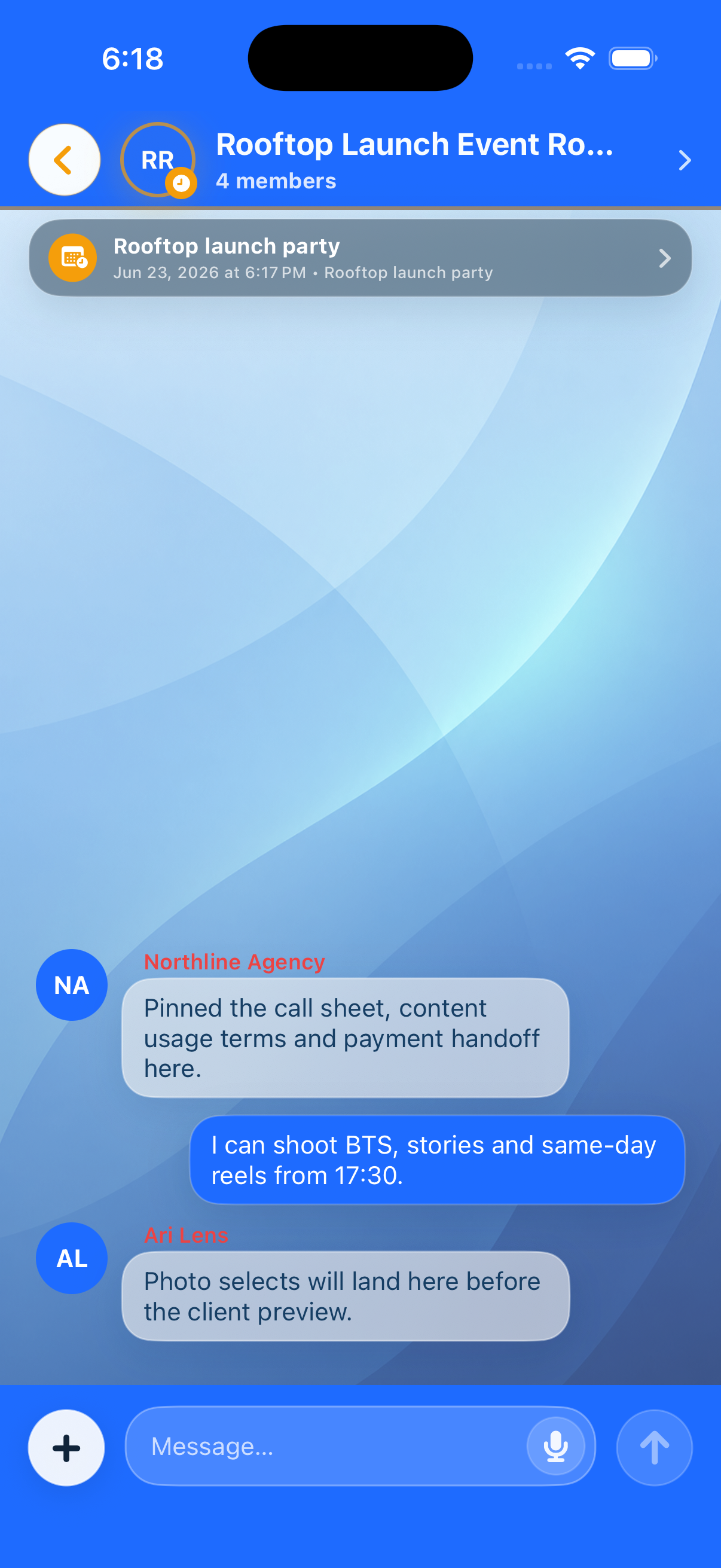 Blubook event chat showing a pinned event and messages