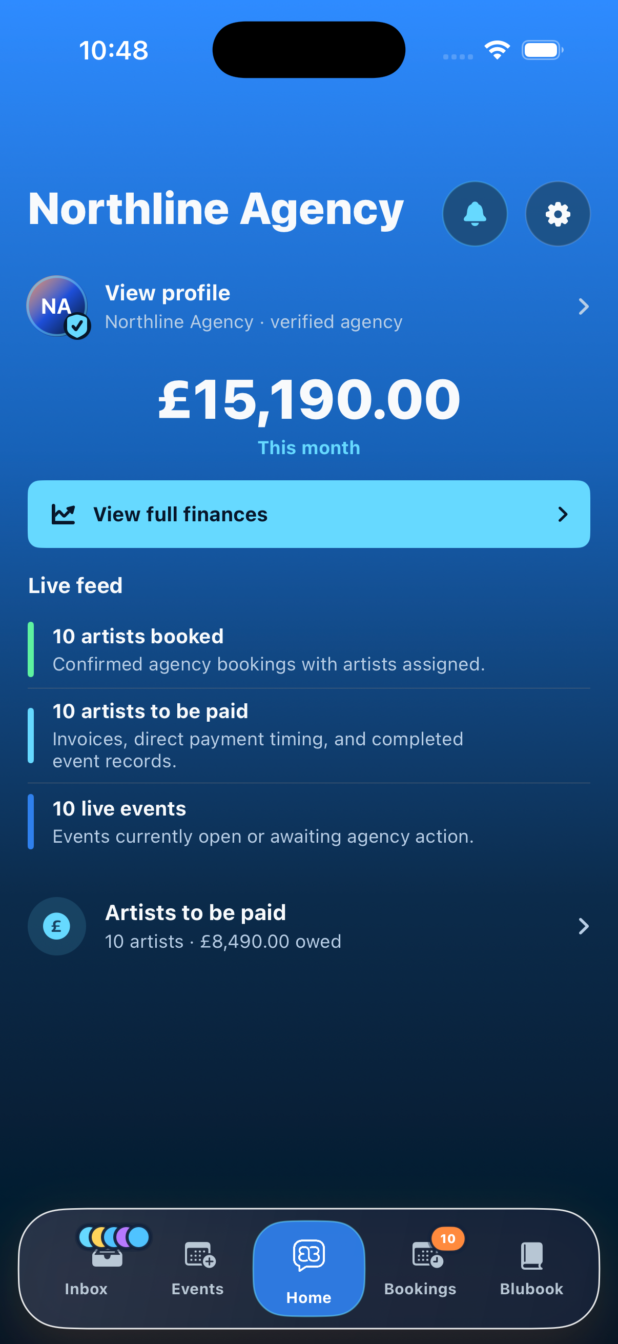 Agency Home with a finance summary, artists booked, artists to be paid and live events