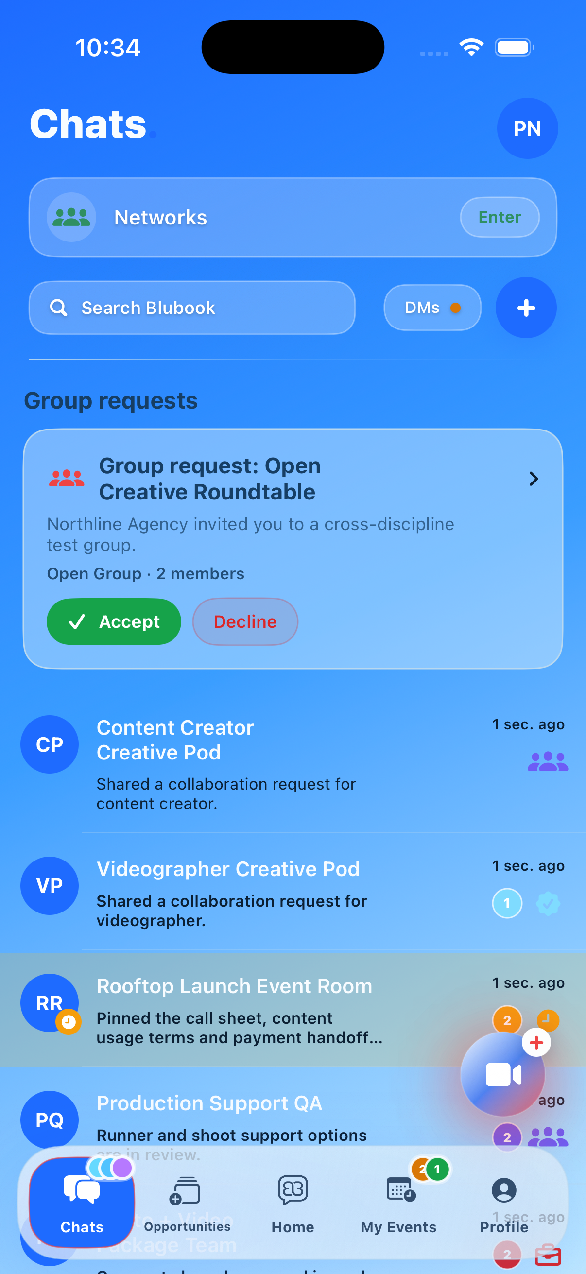 Artist-side Blubook Chats tab with networks, group requests and creative rooms