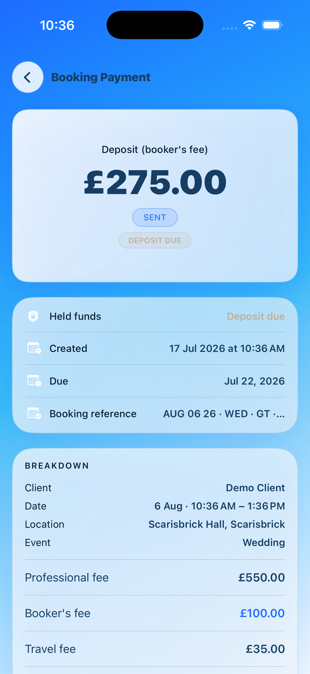 Artist-side Blubook booking payment screen with invoice details and held funds