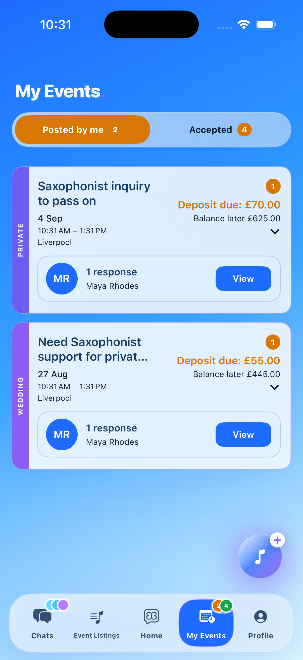 Artist-side Blubook My Events screen showing event responses and available creatives